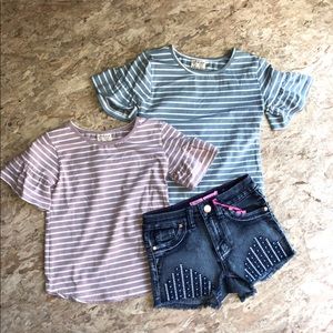 Blue and white striped bell sleeve top